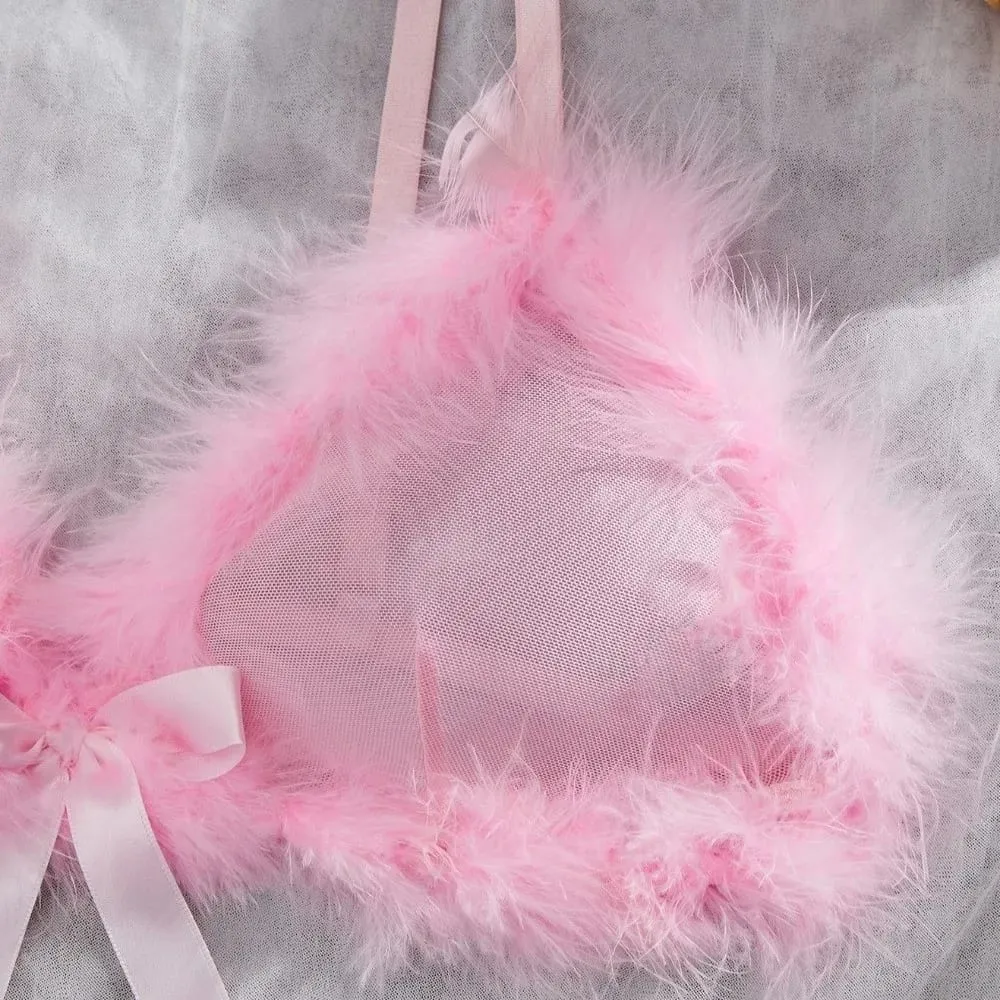 Sweet Furry Women's Underwear Wireless Mesh Transparent Lingerie Set Romantic Intimate Bow Decor Bra Panties Suit Christmas