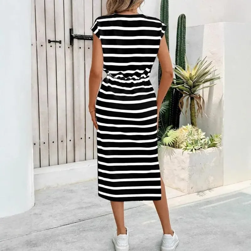 Fashion Ladies Black and White Striped Split Crew Neck Casual Dress White Dress Women Dress Summer Dress — image 5