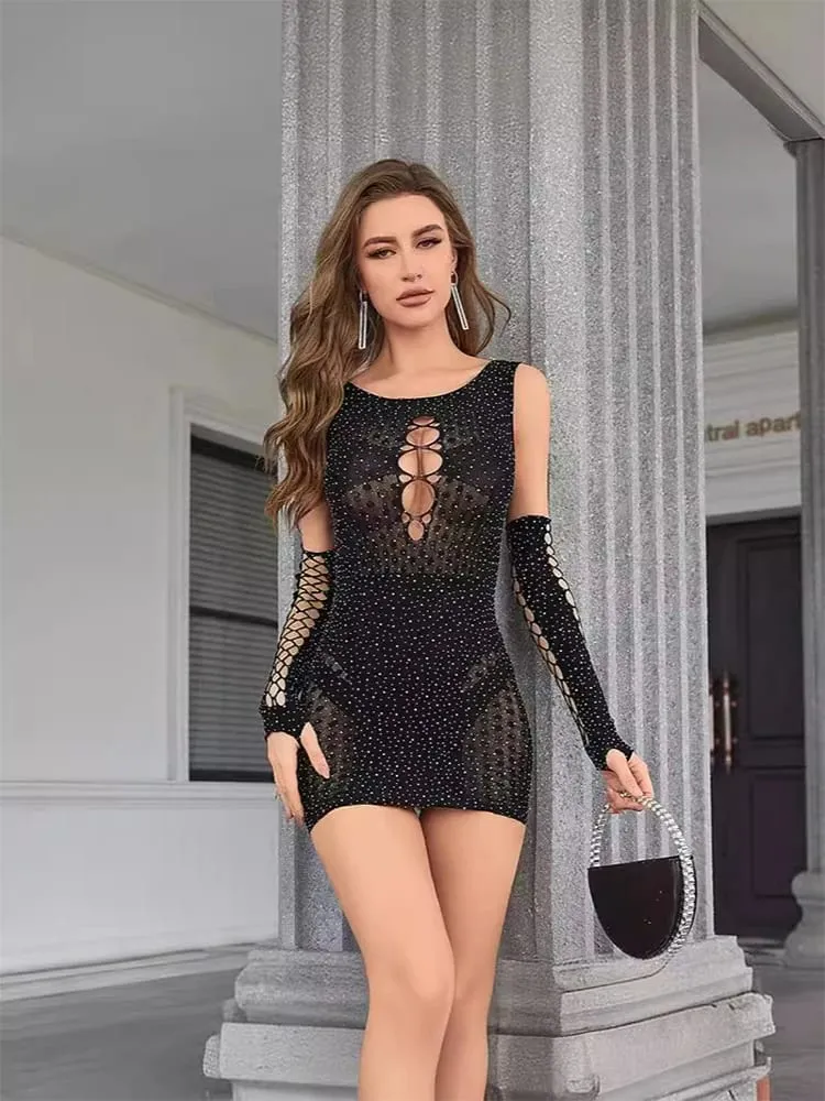 2pcs Pambabaeng Sexy Dress Rhinestone Hollow Out Stretchy Dress Set Slim Fit See-Through Mini Dress at Gloves Party Club Street Wear — image 2