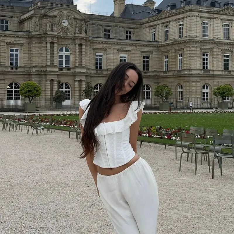 White Ruffles Fishbone Lace-up Tops Women Sexy Square Neck Sleeveless Backless Bodycon Cropped Tops Summer Party Wear Tank Vest