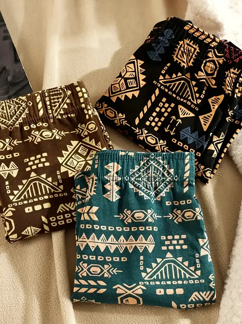 3PCS/SET Retro Ethnic Style Men's Underwear Print Men Boxer Shorts Aro Pants Trendy Casual Home New Breathable Men's Underpant