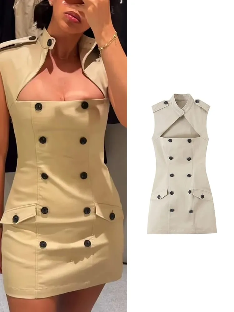 New Women Hollow Out Dress Sleeveless Solid Slim Fashion Trench Mini Dresses Sexy Club Street Style Trendy Partywear — image 1