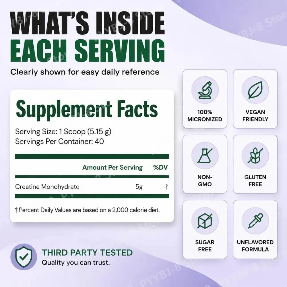 Creatine Monohydrate Powder 100% Micronized Improves Strength Supports Muscle Recovery and Cognitive Function 206g 40 Servings — image 3
