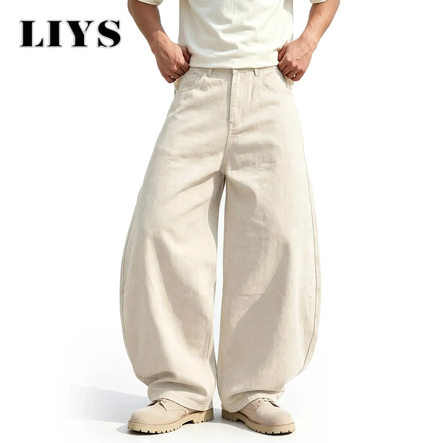 Men's American Beige Loose Wide Leg Jeans High Waisted Streetwear Hip-Hop Fashion Loose Denim Pants Y2K Retro Casual Pants — image 4