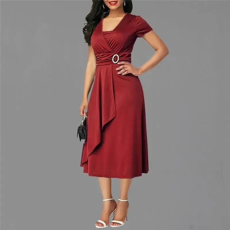 We.Fine Dress Women Solid Color Short Sleeve V Neck Asymmetric Hem Waist Midi Party Dress Elastic Female Dresses Woman Vestidos — image 9
