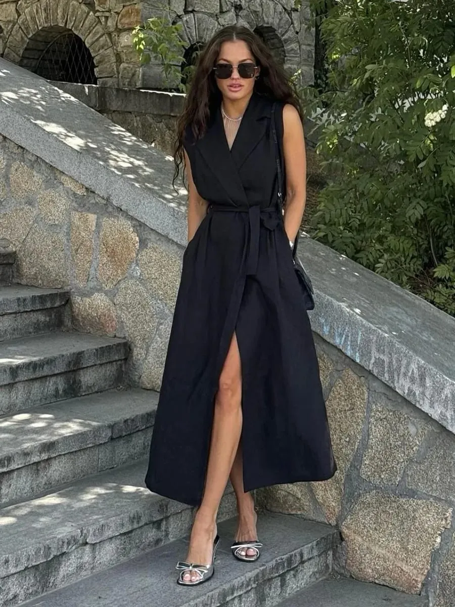 Bornladies 2026 Spring Summer New Women's Sleeveless Shirt Dress Elegant Casual Collared Tie-Waist Fitted Maxi Dress — image 4
