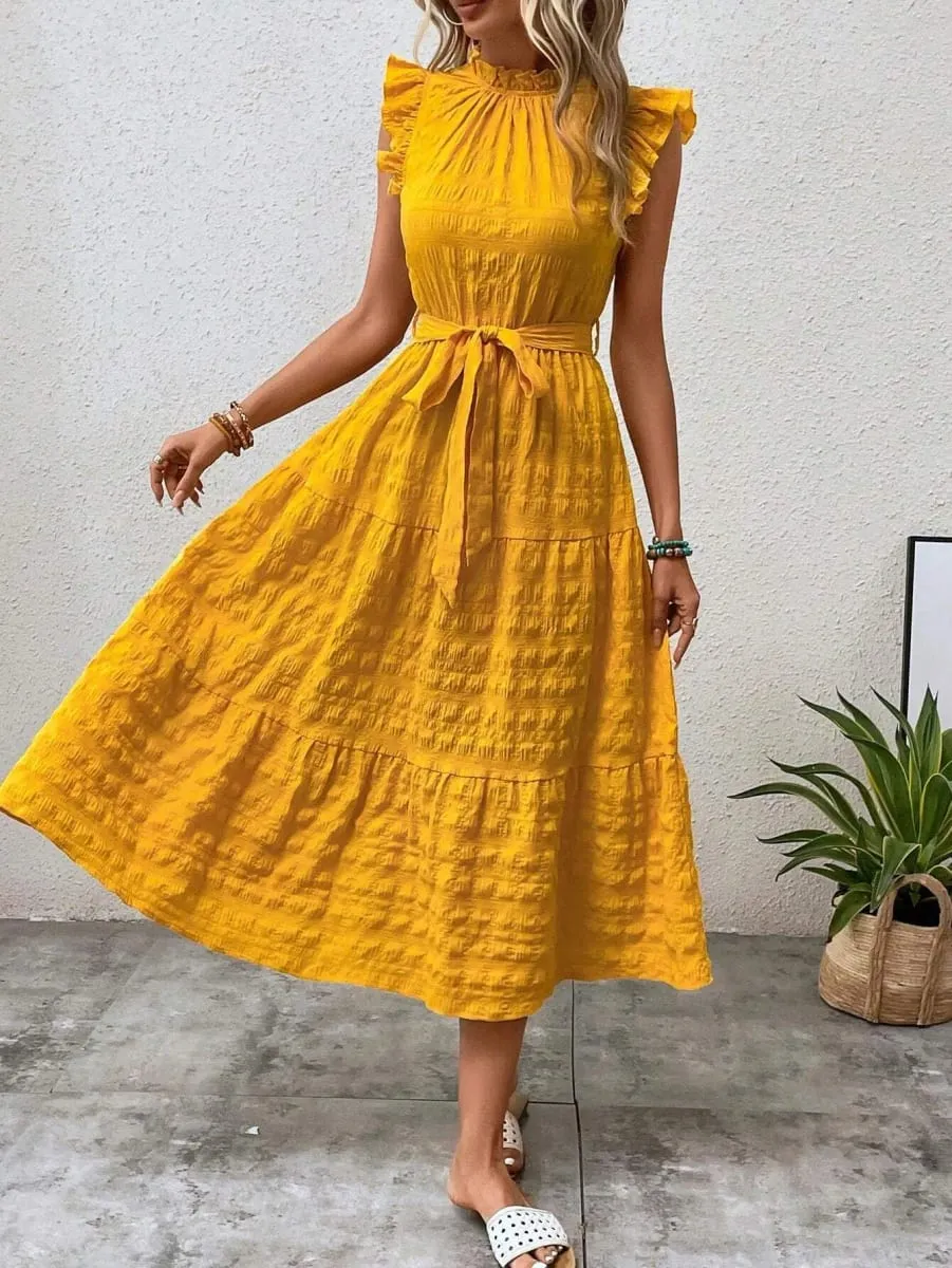 2026 Summer Fashion Flutter Sleeve Women Stand Collar Ruffles Solid Color Elegant Loose Long Dress Lace-up Texture Party Dresses — image 5