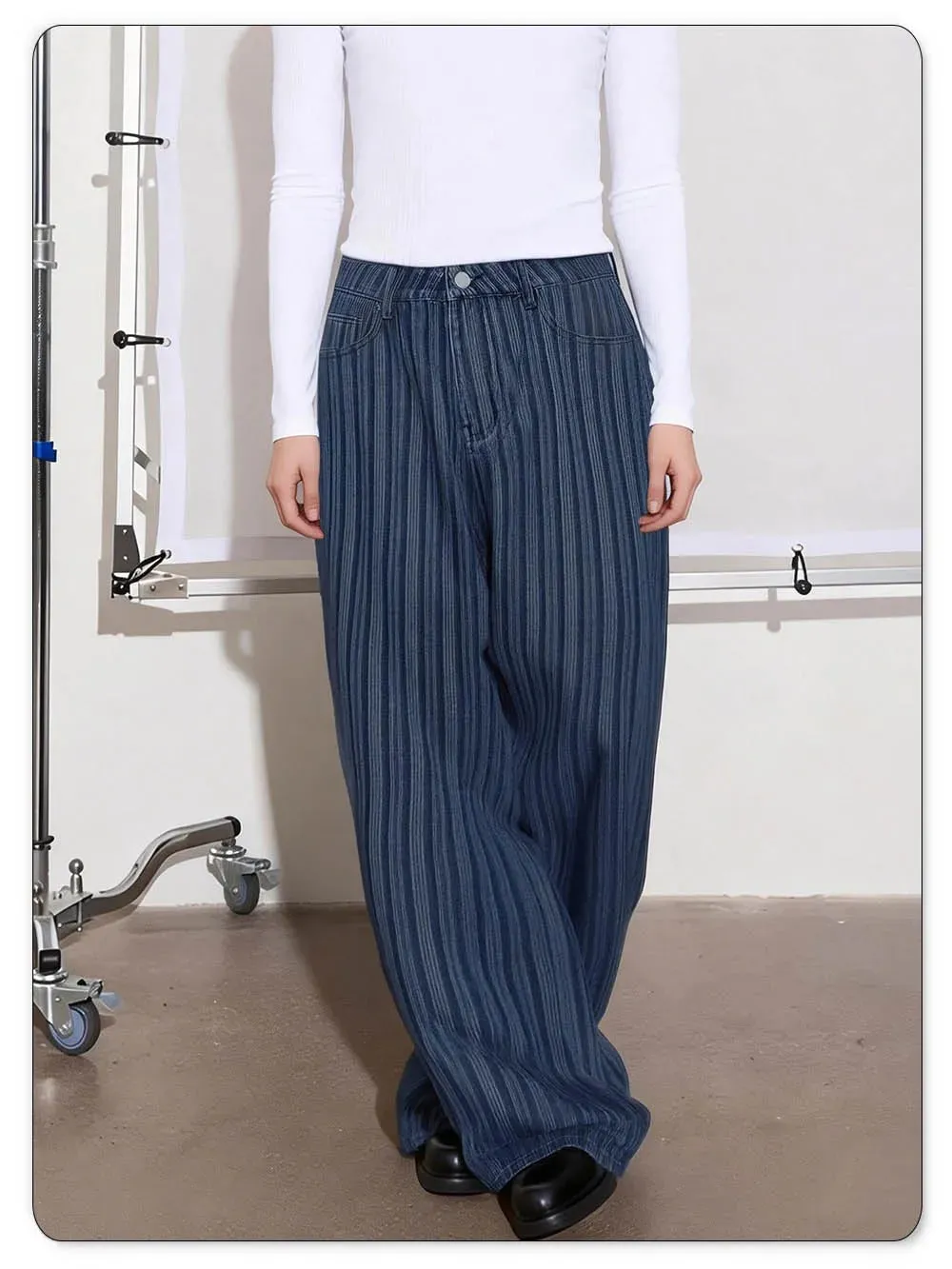 Japanese Korean Style Wavy Stripe Jacquard Fabric Baggy Wide-leg Jeans American Retro Style Business Casual Denim Pants — image 4