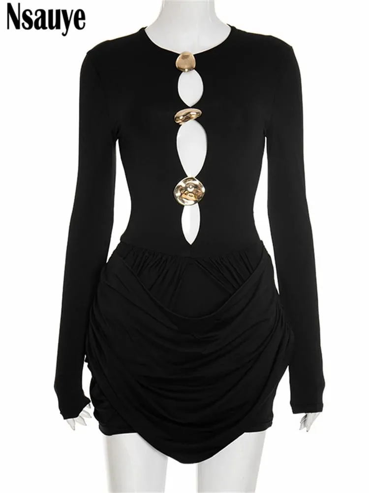 Nsauye Autumn Winter Women 2025 Sexy Night Club Mini Wrap Hollow Out Party Dress Fashion Elegant Evening Short Dress Long Sleeve — image 6