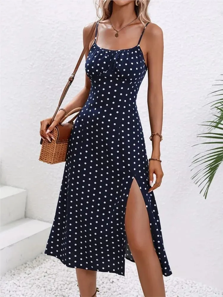Ny sommar Sexig Spaghetti Straps Klänning Dammode Polka Dot Print Ärmlös slitsklänning Boho Casual Beach Midiklänningar — image 4