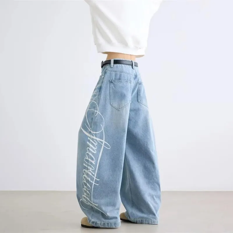 Autumn Men's Letter Printed Straight-Leg Baggy Jeans Hip Hop Fashion Washed Denim Pantalones American Retro Y2K Streetwear Jean — image 3
