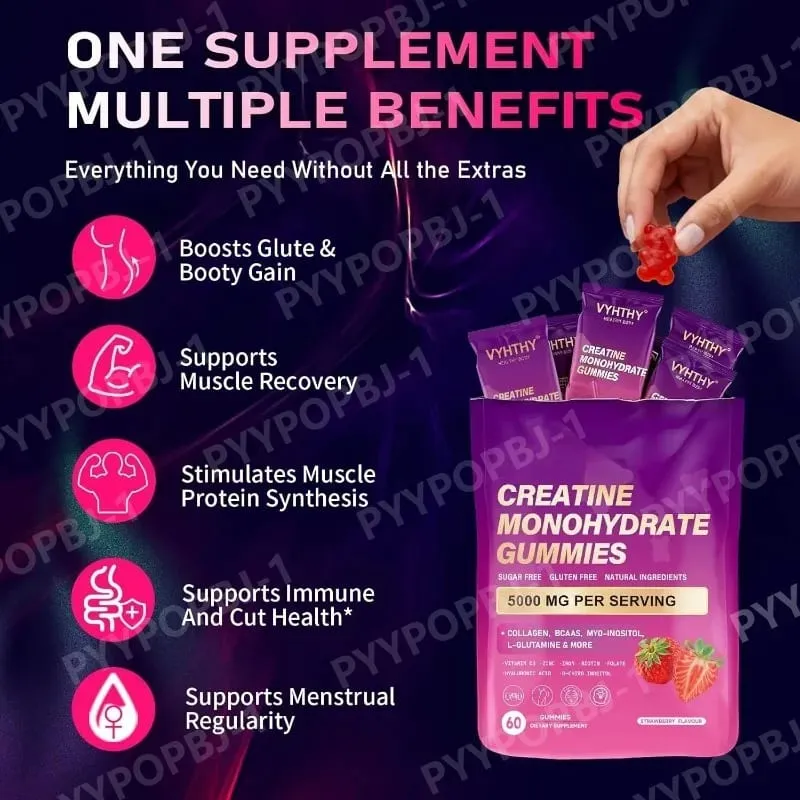 60 Count Creatine Monohydrate Gummie with Collagen Biotin Vitamin D3 & Hyaluronic Acid Daily Pre & Post Workout Recovery Support — image 3