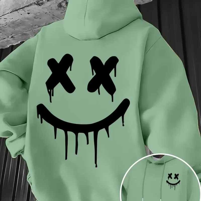 Smiley face print men's and women's autumn winter trendy printed hooded fleece sweatshirt front back casual hoodie — image 3