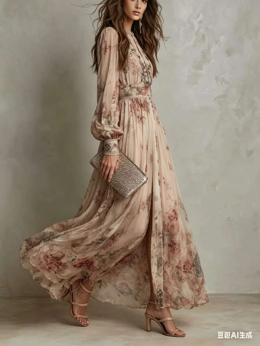 Elegant Long Sleeve Chiffon Long Dresses For Women 2026 Fashion Floral Print Slim Party Maxi Dress Casual — image 3