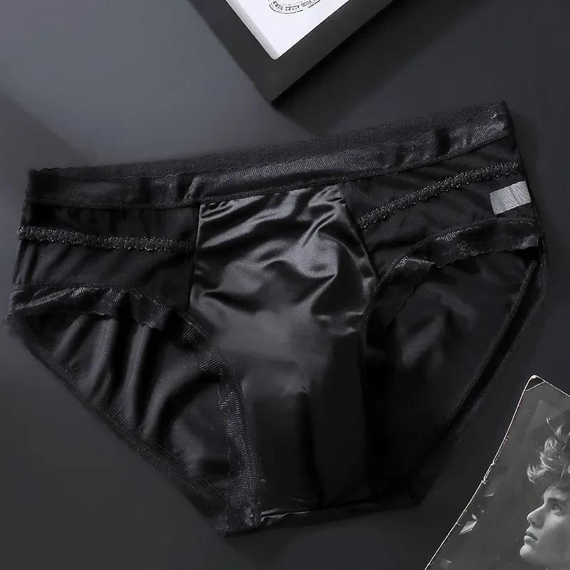 Men's Sexy Lace Thin Briefs Seamless Underware Ice Silk Brief 3D Bulge Pouch Panties Sleep Bottoms Breathable Male Underpants — image 6
