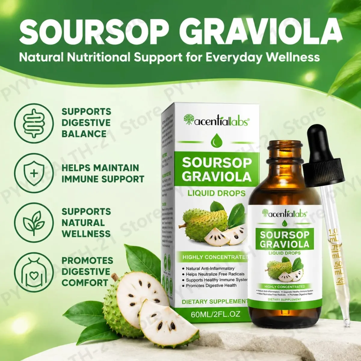 AcentiLabs Soursop Graviola Liquid Drops C-vitamin támogatja az emésztést, az immunrendszert, szabadgyökök elleni védelem 60 ml felnőtteknek — image 2