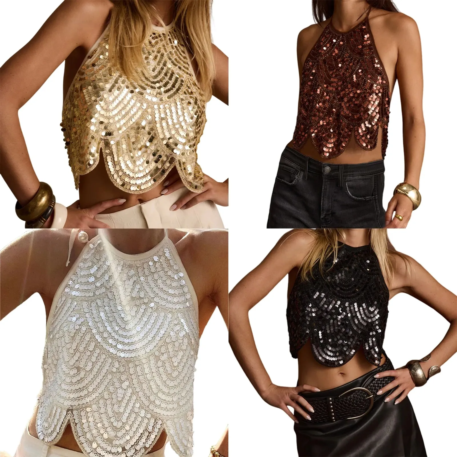 Sexy Womens Halter Sequin Tank Top Backless Tie Up Sexy Sparkly Crop Top Sleeveless Glitter Party Tops Clubwear — image 3