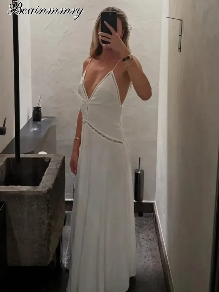 Elegant Deep V-neck Backless Long Dress Women Solid Spaghetti Strap Sleeveless Sling Dresses 2026 Lady Holiday Party Vestidos — image 2