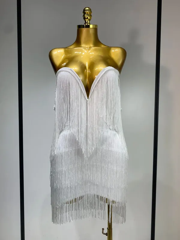 Women Sexy Strapless Tassel Off Shoulder Bandage Dress Fancy Club Celebrity Evening Party Mini Bodycon Dress Birthday Vestido — image 8