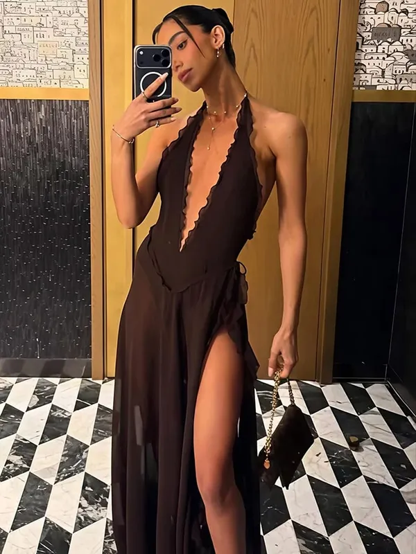 Mozision Halter Deep V Neck Backless Sexy Maxi Dress Women Elegant Off-shoulder Sleeveless High Split Club Party Long Dress