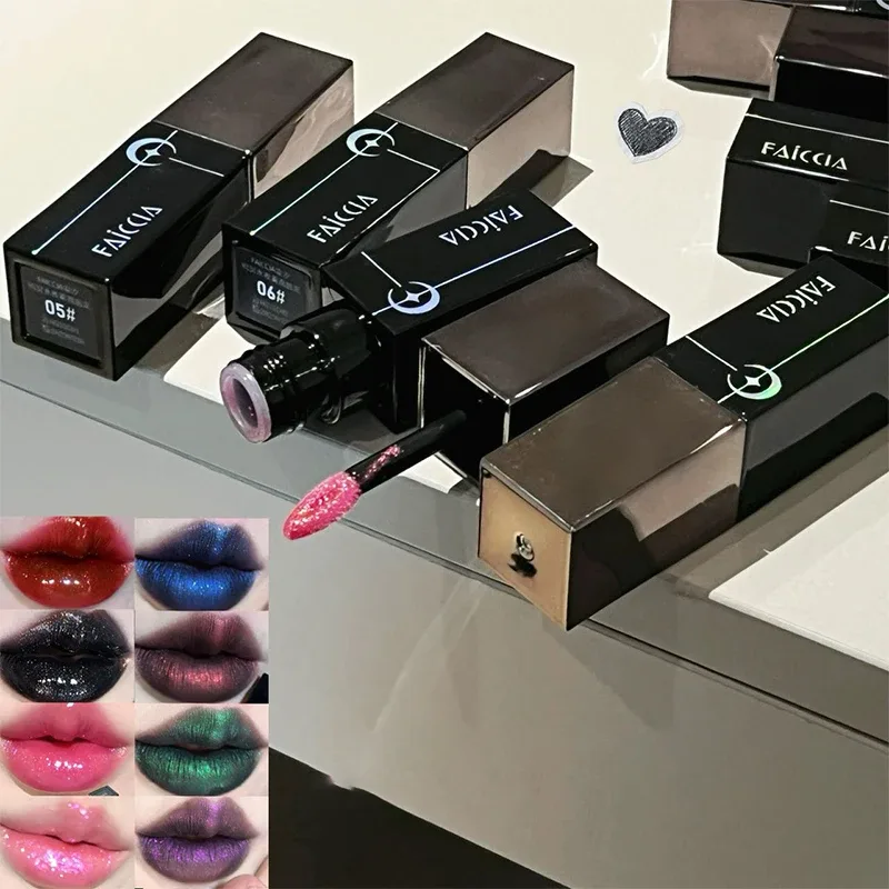 8 Warna Berkilauan Berair Lip Gloss Diamond Pearlescent Metallic Gincu Tahan Lama Melembapkan Tidak Melekit Mekap Parti Halloween
