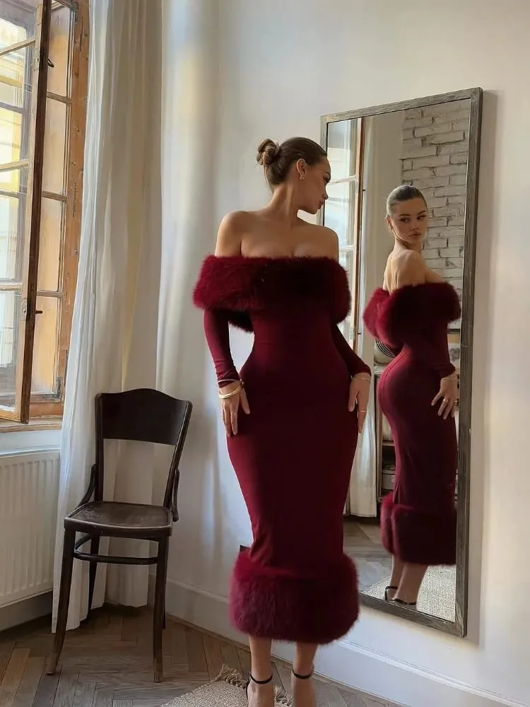 Vestido sem alças de retalhos de pele falsa feminino sexy fora do ombro manga cheia cinched-cintura vestidos finos senhora chique vestidos de festa de noite — image 2