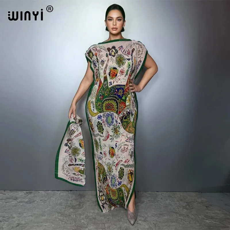 Plissado elástico fino vestido feminino design amassado plissado luxo abaya muçulmano vestido de festa poncho para mulher beach wear kaftan — image 12