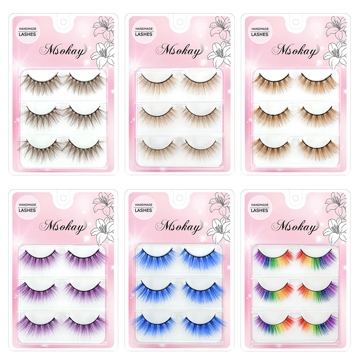 3 Pairs Rainbow Colored Eyelashes Brown Cosplay False Eyelashes Blonde Makeup Eye Lashes Colorful Blue Halloween Vegan Cilias — image 1