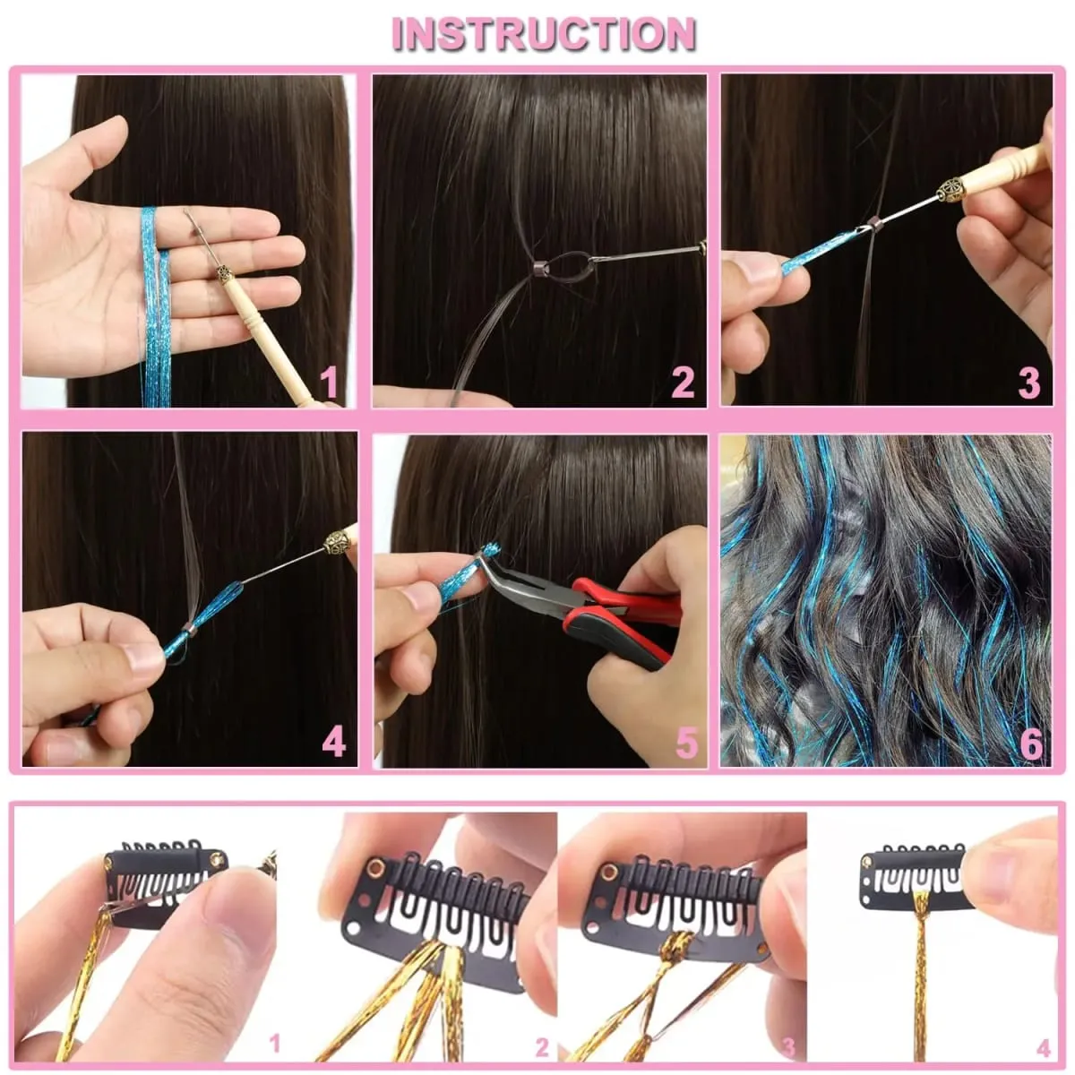 Hair Tinsel Kit 6 Pcs 2000 Strands Silver Tinsel Hair Extensions Fairy Hair Tinsel Heat Resistant Sparkly Shiny Synthetic Hair — image 5