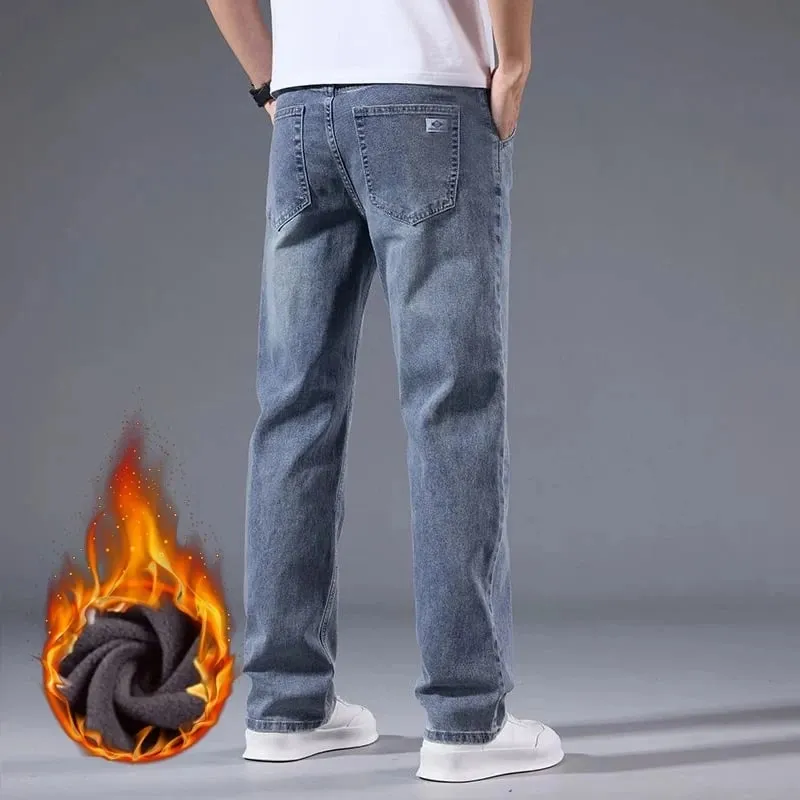 Winter Fleece Men Jeans Thick Stretch Business Casual Trousers Classic Loose Straight Warm Velvet Denim Pants Office Daily Wear — image 5