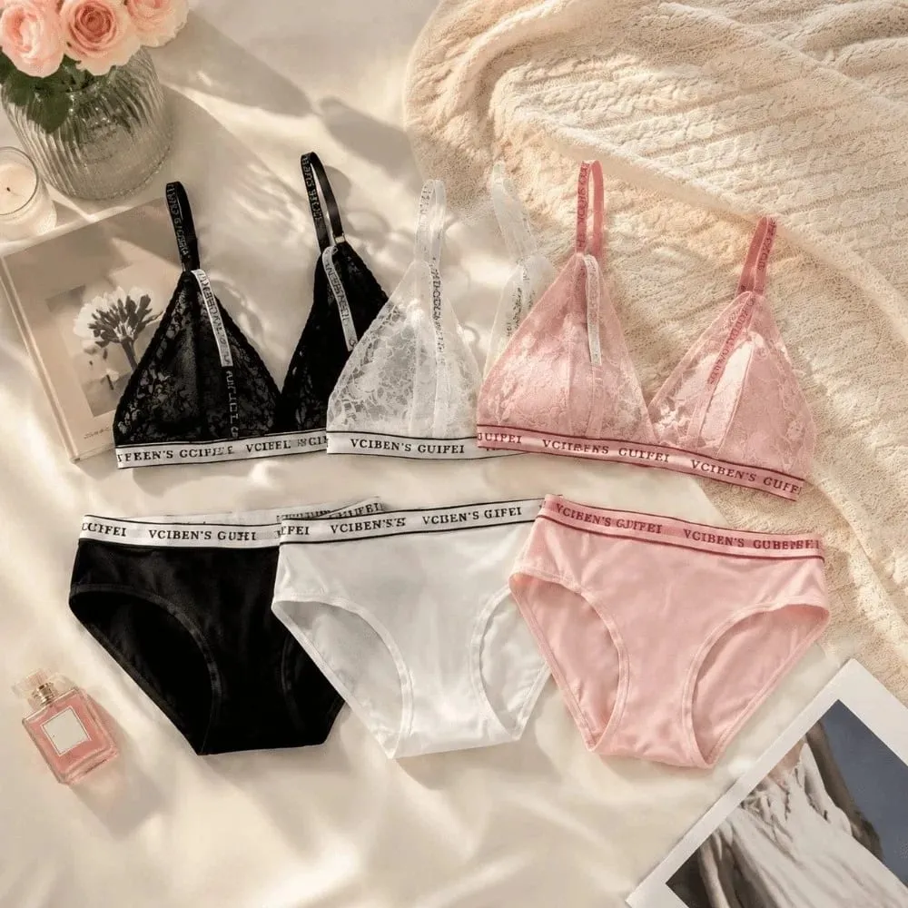 Fashion Letter Design Lingerie Set Deep V Wireless Women Underwear Suit Lace Color Blocking Bra Panties Set Gift — image 2