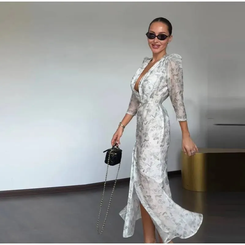 Sexy Printed Flower Long Women's Dress Sleeveless Waist-Closed Slash Neck Lady Dresses Summer Sling Vacation Holiday Robe — image 12