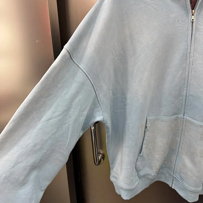 Light Blue PALY Letter Crystal Hoodie Ripped Washed Fashion Patch High Street Casual Men Women 1:1 Zipper Sweatshirts — image 8