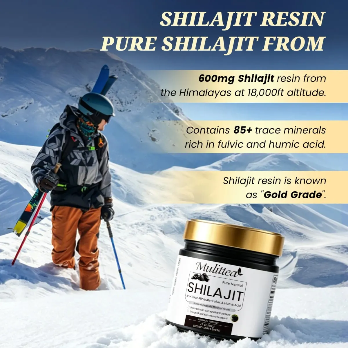 Suppléments minéraux Shilajit originaux de haute pureté Mulittea avec plus de 85 oligo-éléments et acide fulvique pour l'endurance énergétique de l'homme — image 3