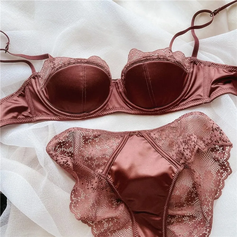 Women Half Cup Lace Bra Set Thin Underwire Sexy Minimizer Bra Anti‑Sag Side Support Hide Armpit Fat Ladies Lingerie Set 2‑38 — image 1