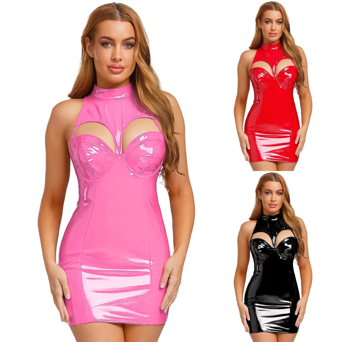 Minivestido feminino de couro pu com aparência molhada, gola simulada, sem mangas, sutiã push-up, bodycon, vestido tubo, roupa de balada para festas raves — image 6