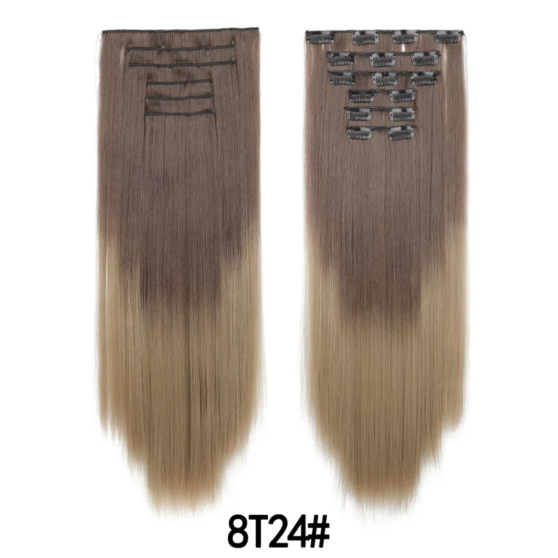 6 pçs 24 polegada ombre cor clip-in extensões de cabelo longo sintético em linha reta hairpieces em camadas macio invisível clip ins extensões — image 10