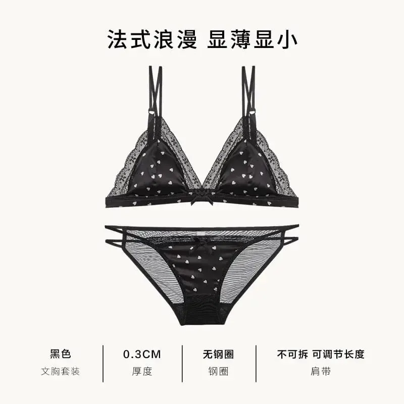 Elegant French Sweet Satin Lace Triangle Bra Pure Sexy Coquette Look Wirefree Small Bust Gathered Effect Thin Cup Bow Lingerie