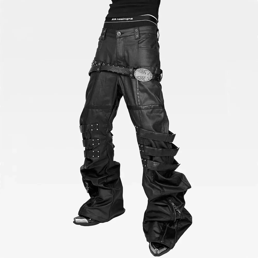 Men Women Wax Coated Skinny Stacked Jeans Double Waist Strap Buckle Patchwork Leather Gothic Punk Flared Curved Denim Pants — image 5