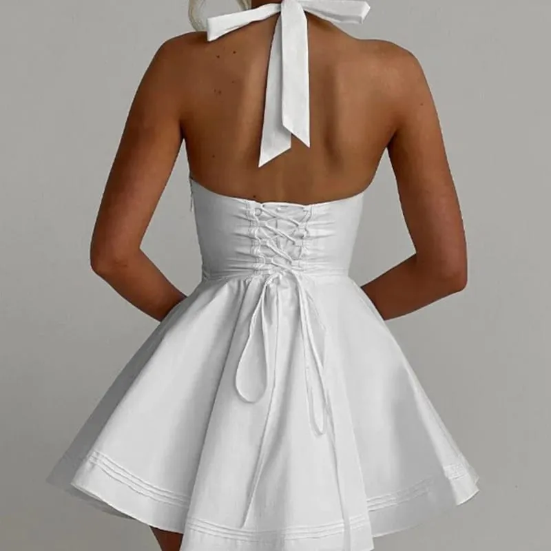 Sexy profundo v halter branco mini vestido feminino moda sem costas a linha elegante vestidos de festa verão robe rendas até vestidos — image 5