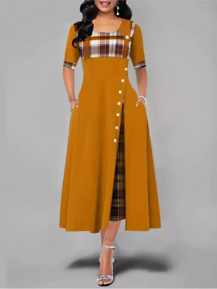 Pambabaeng Irregular Lattice Patchwork Long Dresses Vintage Buttons O Neck Half Sleeves Casual Lady Commuting Dress Fashion — image 3
