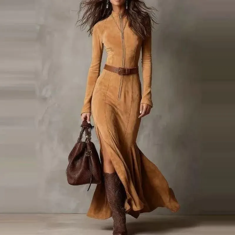 Casual O-neck Long Sleeve Suede Party Dress Elegant Side Split Solid Slim Long Dress Women Fashion With Belt Tie-Up Maxi Dress — image 5