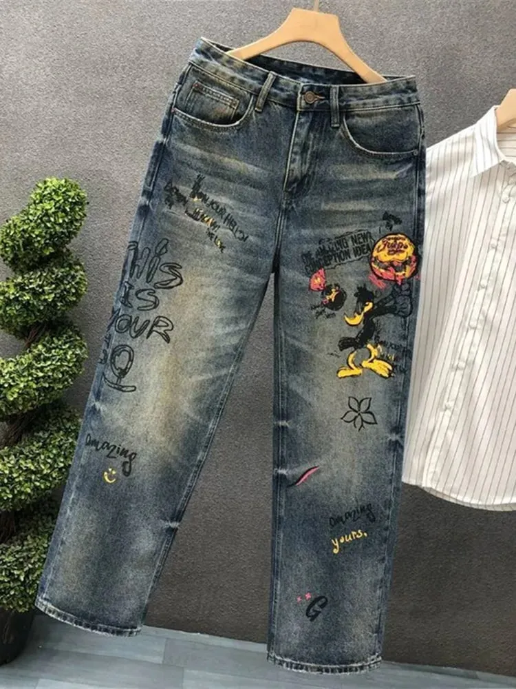 Spring and Autumn New Fashion Trend Print Straight Elastic Denim Pants for Men Casual Loose Retro Sport High-Quality Denim Jeans — image 4