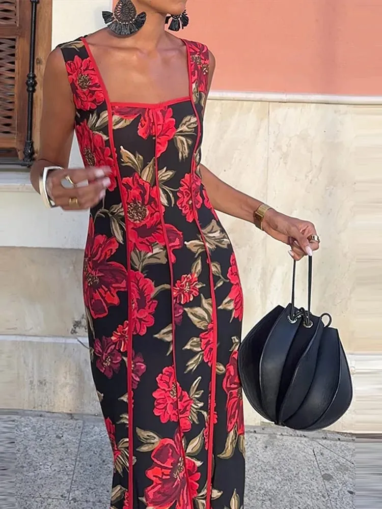 Sexy Printed Flower Long Women's Dress Sleeveless Waist-Closed Slash Neck Lady Dresses Summer Sling Vacation Holiday Robe — image 5