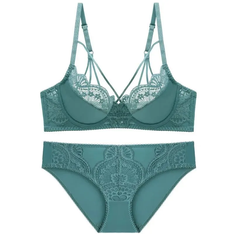 high quality sexy lace women bras and brief two piece set push up A B C D E cup wire summer lingerie underwear blue red black — image 9