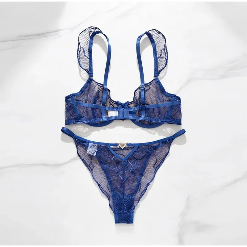 French Lace Bra and Panty Set Embroidered Mesh Sheer Lingerie with Spaghetti Straps Ripple Pattern for Spring Summer Women Wear