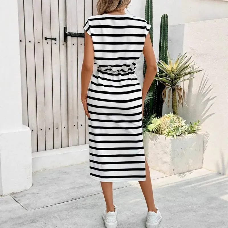 Fashion Ladies Black and White Striped Split Crew Neck Casual Dress White Dress Women Dress Summer Dress — image 3