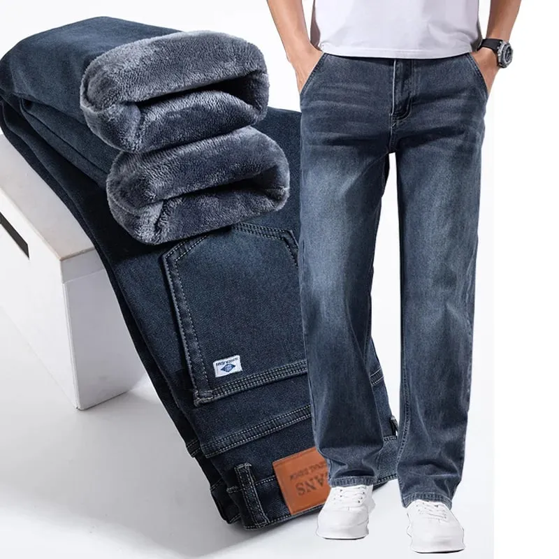 Winter Fleece Men Jeans Thick Stretch Business Casual Trousers Classic Loose Straight Warm Velvet Denim Pants Office Daily Wear — image 8