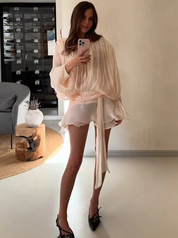 Elegant Shiny Pleated Mini Dress Women Lantern Sleeve Lace Up V Neck Vestidos 2026 Lady Spring New Evening Party Vacation Robes — image 4