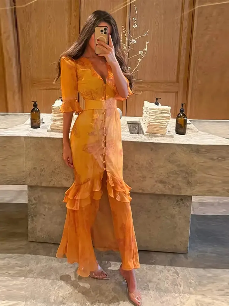 Elegant Ruffle Women's Long Dresses V Neck Half Sleeve Button Waist Cinching Pleated Dress 2026 Spring Lady Fashion Party Robes — image 2